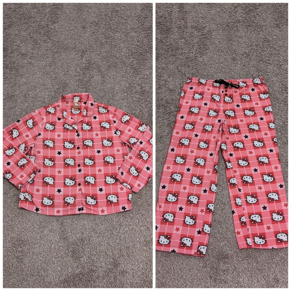 Hot pink Hello Kitty Sanrio Pajama outfit button up shirt and pants set